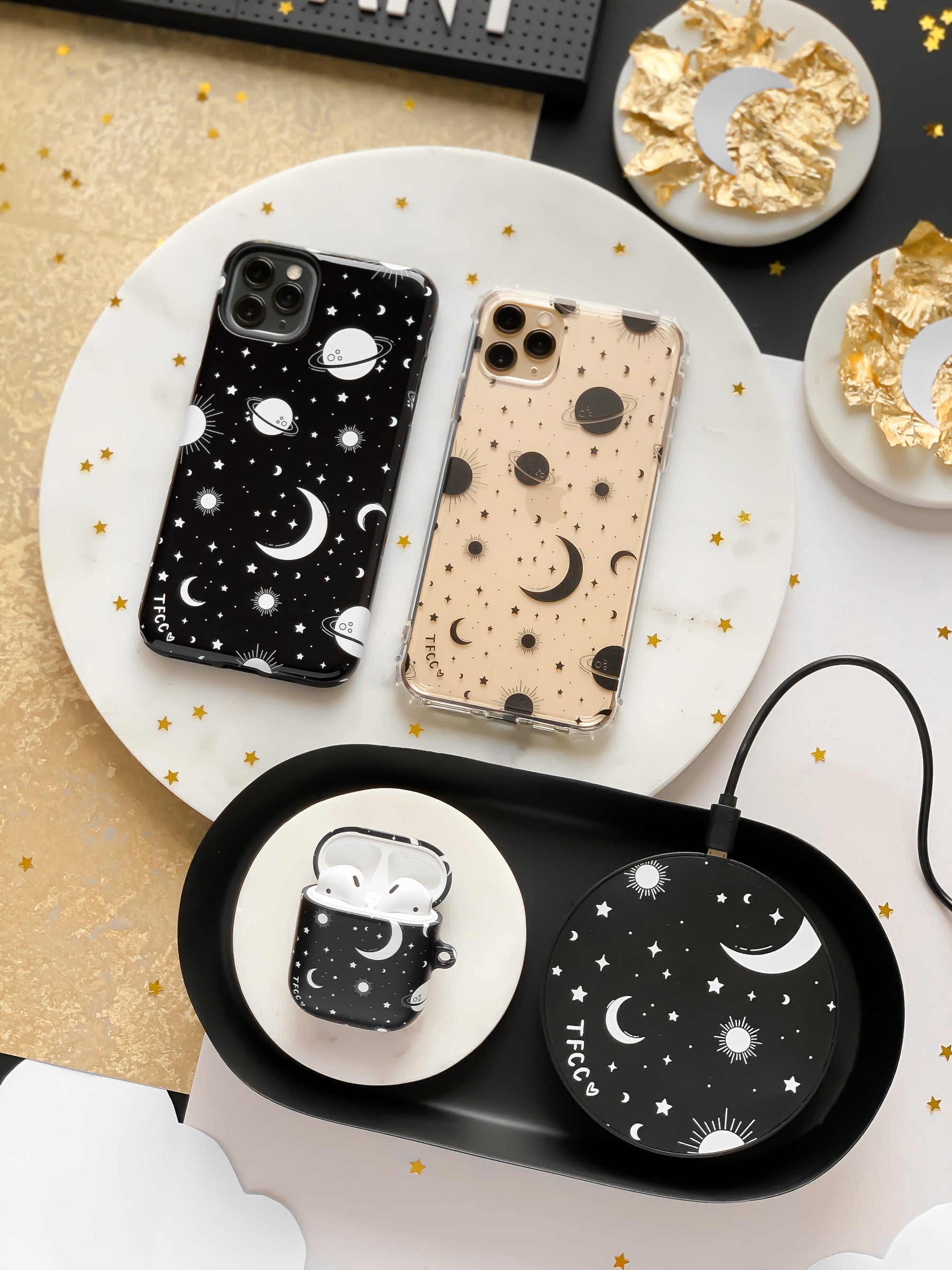 STARS AND MOON CELESTIAL BLACK CLEAR CASE - thefonecasecompany